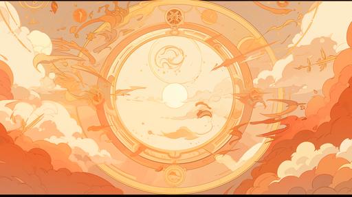 astrological aspect, mucha style, ancient Greece，background, wallpaper, In the sunset-tinted sky, there is nobody, the trails of the sun in the shape of a snake color the sky. --niji 5 --ar 16:9