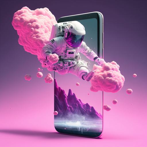 astronaut floating horizontally, rocket smoke in the background, giant cell phone behind the astronaut, mini rocket, pink light, make it 3d, hyper realistic, --v 4