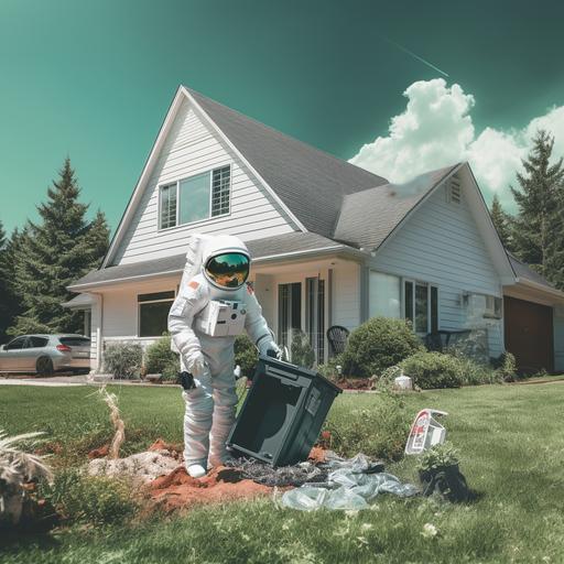 astronaut in white space in front of earth house with green lawn pulling trash cans to curb