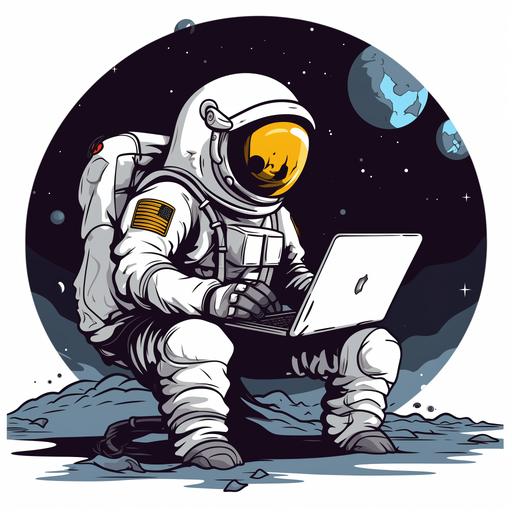 astronaut with laptop, cartoon for adults style, white background, beautiful, wallpaper