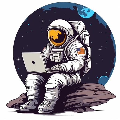 astronaut with laptop, cartoon for adults style, white background, beautiful, wallpaper