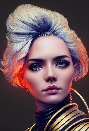 astronaut woman mars closeup glamour portrait of a futuristic artificial beautiful feline blonde, black and golden stripes, hair made of golden wires, fantasy, intricate, digital painting by ilya kuvshinov, 8k + uhd + 3d + octane render + cinematic --upbeta --ar 2:3 --test --creative