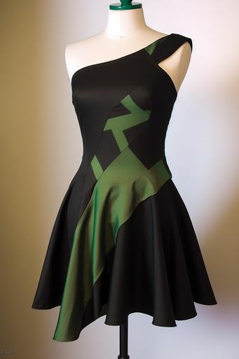 asymmetrical skater dress, froggy stripes, black and green, asymmetrical neckline, asymmetrical hemline --ar 2:3 --s 250 --c 66