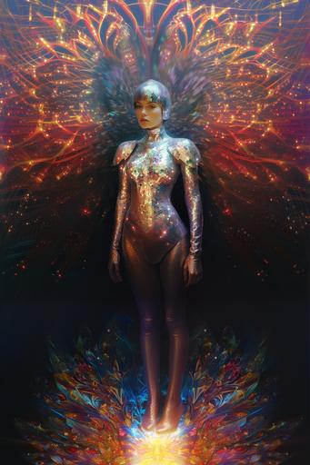 at 12:08 AM holographic image, pointillism, fractal, female subject, fantasy armor, iridescent, polaroid