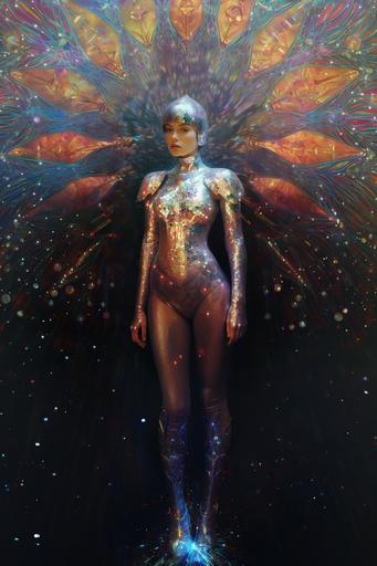 at 12:08 AM holographic image, pointillism, fractal, female subject, fantasy armor, iridescent, polaroid