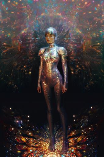 at 12:08 AM holographic image, pointillism, fractal, female subject, fantasy armor, iridescent, polaroid