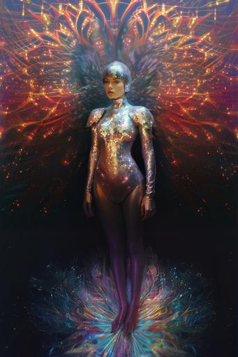 at 12:08 AM holographic image, pointillism, fractal, female subject, fantasy armor, iridescent, polaroid