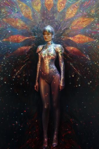 at 12:08 AM holographic image, pointillism, fractal, female subject, fantasy armor, iridescent, polaroid