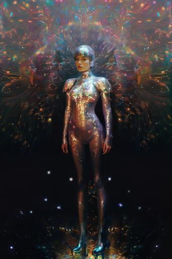 at 12:08 AM holographic image, pointillism, fractal, female subject, fantasy armor, iridescent, polaroid