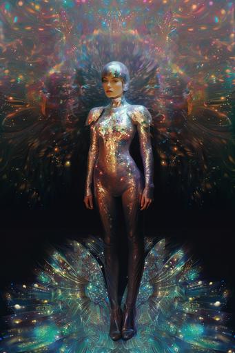 at 12:08 AM holographic image, pointillism, fractal, female subject, fantasy armor, iridescent, polaroid