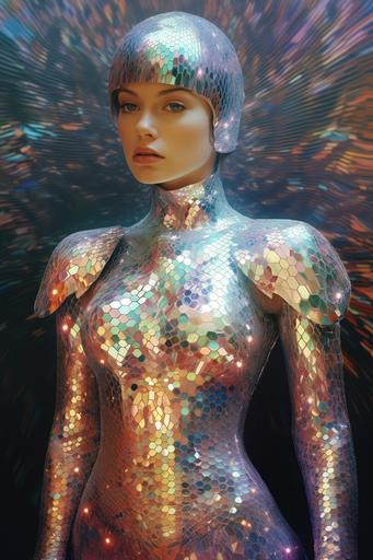 at 12:08 AM holographic image, pointillism, fractal, female subject, fantasy armor, iridescent, polaroid