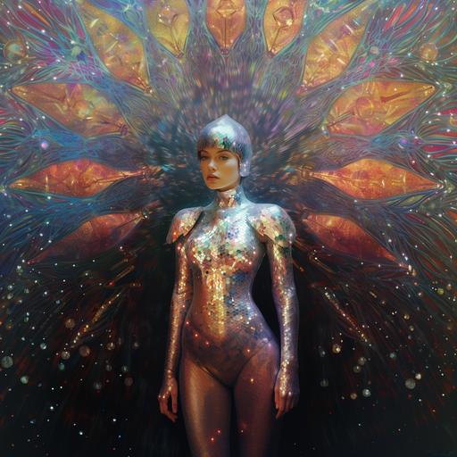 at 12:08 AM holographic image, pointillism, fractal, female subject, fantasy armor, iridescent, polaroid