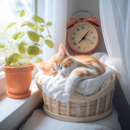 at 7 am in the morning, a cute orange and white kitten sleeping in his round basket kitten bed filled with white pillow and white comforter, a small alarm clock is placed next to kitten bed and kitten bed is placed near an open white window with curtain, small green plants are placed next to small alarm clock, window curtains are closed and Window is infont of the Main door of the hall, Hall is contains big Sofa, big Chair, kitten toys, realistic, 3D texturized, studio lighting--16:9