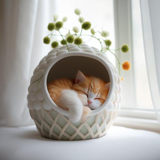 at 7 am in the morning, a cute orange and white kitten sleeping in his round basket kitten bed filled with white pillow and white comforter, a small alarm clock is placed next to kitten bed and kitten bed is placed near an open white window with curtain, small green plants are placed next to small alarm clock, window curtains are closed and Window is infont of the Main door of the hall, Hall is contains big Sofa, big Chair, kitten toys, realistic, 3D texturized, studio lighting--16:9