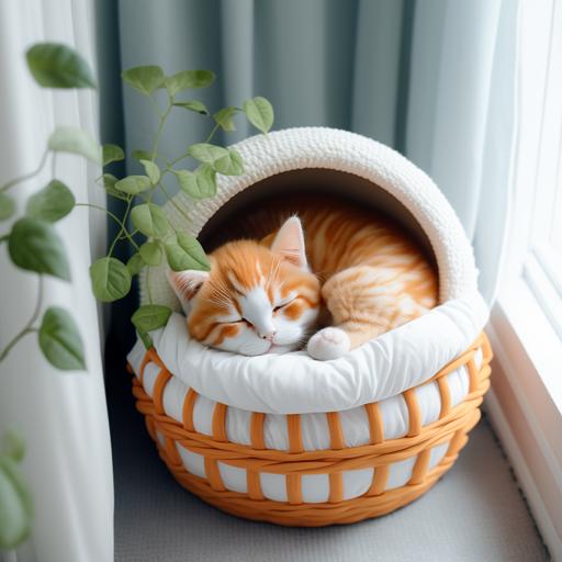 at 7 am in the morning, a cute orange and white kitten sleeping in his round basket kitten bed filled with white pillow and white comforter, a small alarm clock is placed next to kitten bed and kitten bed is placed near a closed white window curtain, small green plants are placed next to small alarm clock, window curtains are closed and Window is infont of the Main door of the hall, Hall is contains big Sofa, big Chair, kitten toys, realistic, 3D texturized, studio lighting--16:9