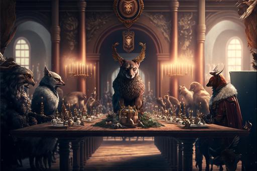 at King Nightingale's court a great banquet is being held with all the animals, brown bear soldiers, rams, boars, fawns and rabbits, a bird with a crown in the center behind a long table, steampunk style, wide angle view, hyper detailed, --ar 3:2