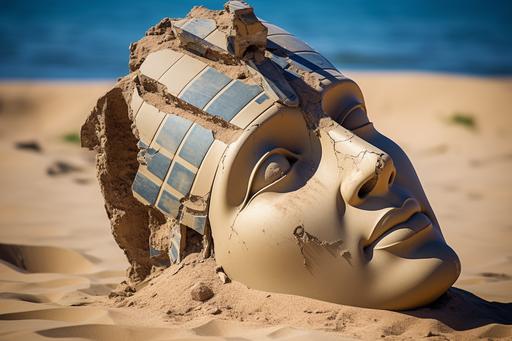 broken, smashed, scultpure of ancient Egyptian pharaoh stone head in sand, Ramses II, sculpture made of stone, half-buried, as drawn by Moebius, --ar 3:2