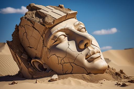 broken, smashed, scultpure of ancient Egyptian pharaoh stone head in sand, Ramses II, sculpture made of stone, half-buried, as drawn by Moebius, --ar 3:2
