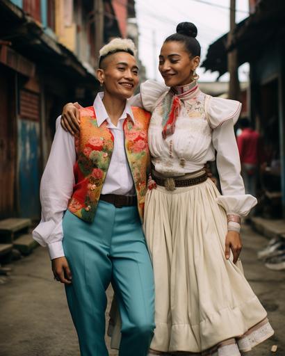 at the junction of queer love and haute couture: lesbian couple in Colombia dressed in traditional high fashion clothing on a wonderfully joyful aesthetic date --ar 8:10