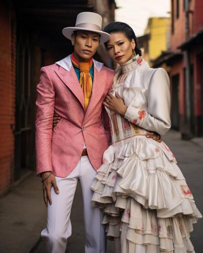 at the junction of queer love and haute couture: lesbian couple in Colombia dressed in traditional high fashion clothing on a wonderfully joyful aesthetic date --ar 8:10