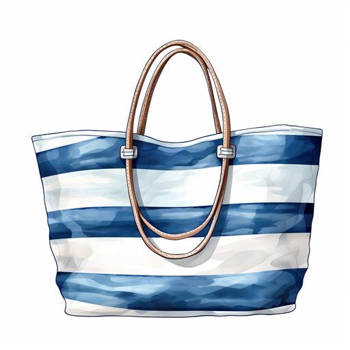 atercolor clipart beach bag, blue stripe, rope handles, white and blue, whitebackground, product