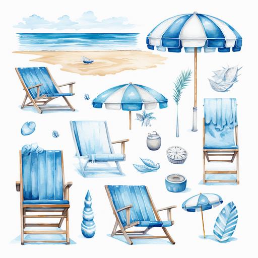atercolor clipart, beach clipart set, white and blue, whitebackground, product