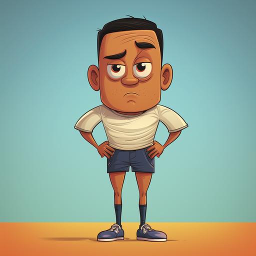 athlete holding his small and too tight pants sadly in cartoon theme