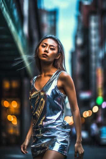 athletic asian female model wearing low cut low v deep v plunge reflective holographic metallic glass cellophane short dress walking down the streets of new york city, feminine, muscular defined legs, hair blowing in the wind, cool enticing confident, full spectrum, spectacular, professional photography, Hasselblad, 32k UHD, ultra-sharp Intricate fine details, HDRI, instagram fashion influencer, glamour photography, shallow depth of field, cinematic, in the style of Annie Leibovitz, Helmut Newton --ar 2:3 --v 5 --s 750