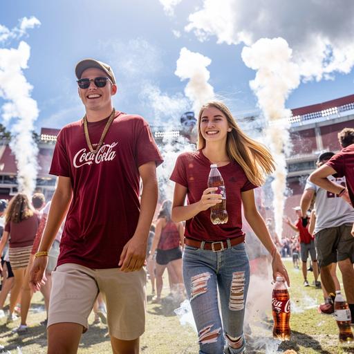 sunny day interior Florida state University football stadium - an experiential marketing display for coca-cola at college football tailgate with an aisle of collumns of smoke blasting upwards on each side and two florida state students fans wearing florida state t-shirts and posing with coca-colas in hand - the football team is following behind them