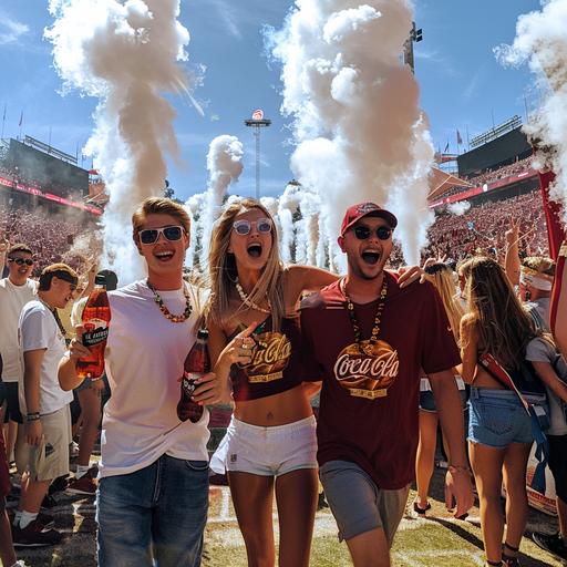 sunny day interior Florida state University football stadium - an experiential marketing display for coca-cola at college football tailgate with an aisle of columns of smoke blasting upwards on each side and two florida state students fans wearing florida state university t-shirts and posing with coca-colas in hand and the florida state football team chasing them.