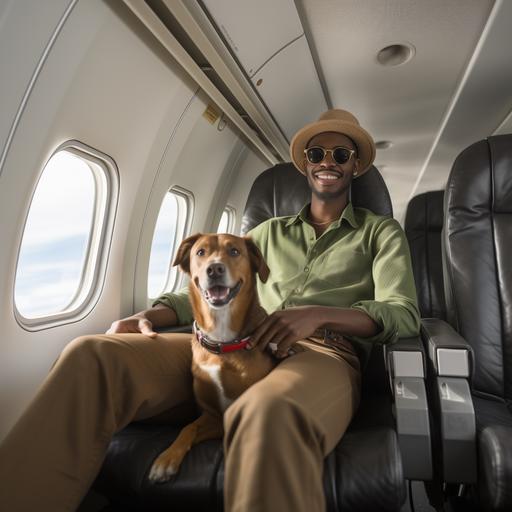 wide angle shot : Model: 20's black man with mustache and glasses, wearing perfectly ironed and wrinkle-free normal fitting khaki (five pocket style) sateen cotton jeans, in large empty airplane, with dog