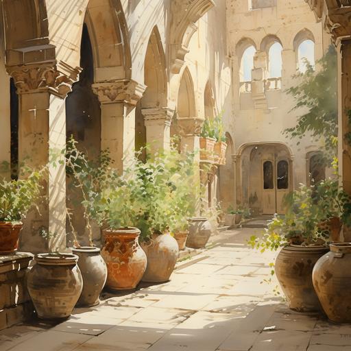 atmosphere of a 19th century courtyard in a European town, clay vases, sun shining, light colors