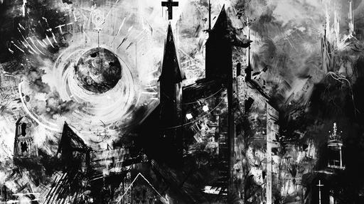 atmospheric black cover art 'triskaidekaphobia' in the style of primitive structures, black-and-white graphic, punk quilts, polaroidcore, byzantine iconography, album covers --ar 16:9 --stylize 50 --v 6.0