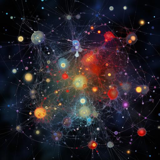 atomic microscopic realtistic image of a rhizomatic network of multicoloured cells and gases with four constellations of animals and a constellation of one house