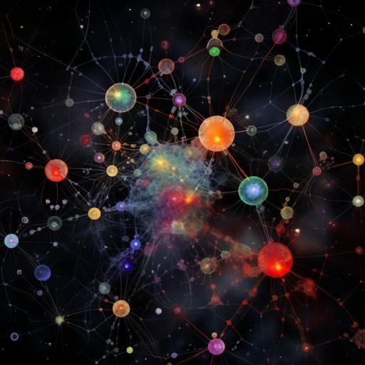 atomic microscopic realtistic image of a rhizomatic network of multicoloured cells and gases with four constellations of animals and a constellation of one house