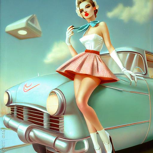 atompunk googie pin-up of 1950's Coquette housewife in lame dress showing off silk stockings and garter belt next to flying car, high heels, umemaro, affect 3d, facial details, photographic, delicatelime, cinematic, Alberto Vargas, Lois Van Baarle, WLOP, artgerm, Steven Stahlberg, nikon lens, volumetric lighting, pastel blue and hot pink, 60mm, face details, beautiful face, hd, ironic       --upbeta --v 4
