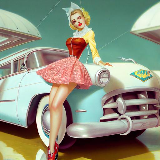 atompunk googie pin-up of 1950's Coquette housewife in lame dress showing off silk stockings and garter belt next to flying car, high heels, umemaro, affect 3d, facial details, photographic, delicatelime, cinematic, Alberto Vargas, Lois Van Baarle, WLOP, artgerm, Steven Stahlberg, nikon lens, volumetric lighting, pastel blue and hot pink, 60mm, face details, beautiful face, hd, ironic       --upbeta --v 4
