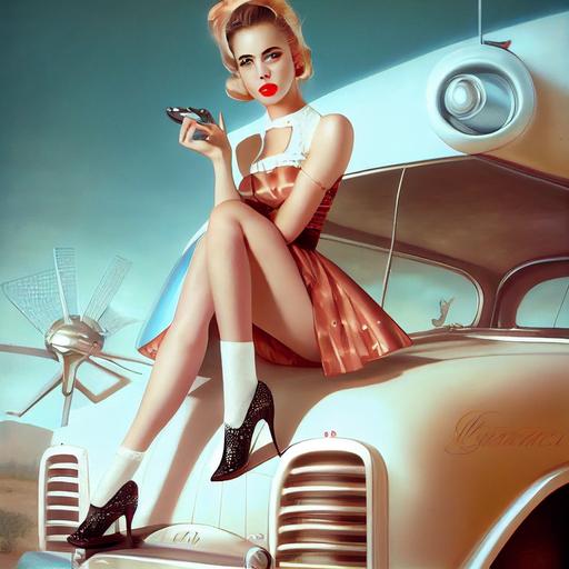 atompunk pin-up of 1950's Coquette housewife in lame dress showing off silk stockings and garters next to flying car, high heels, umemaro, affect 3d, facial details, photographic, delicatelime, cinematic, Alberto Vargas, Lois Van Baarle, WLOP, artgerm, Steven Stahlberg, nikon lens, mid-century modern, exaggerated curves, volumetric lighting, pastel blue and hot pink, 60mm, face details, beautiful face, hd       --upbeta --v 4