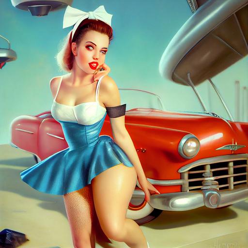 atompunk pin-up of 1950's Coquette housewife in lame dress showing off silk stockings and garter belt next to flying car, high heels, umemaro, affect 3d, facial details, photographic, delicatelime, cinematic, Alberto Vargas, Lois Van Baarle, WLOP, artgerm, Steven Stahlberg, nikon lens, exaggerated curves, volumetric lighting, pastel blue and hot pink, 60mm, face details, beautiful face, hd        --upbeta --v 4