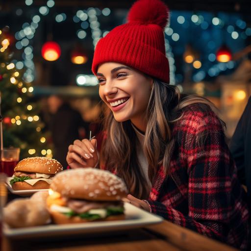 atractive woman at the table, with santa's hat, put tasty hamburger on a table, in christmas wonderland, christmas lights, new year party, sparkling, High-Quality Photograph, zoom shot, ultrarealistic, taken with EOS R 300mm f2.8