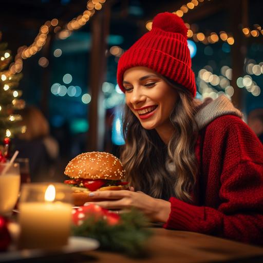 atractive woman at the table, with santa's hat, put tasty hamburger on a table, in christmas wonderland, christmas lights, new year party, sparkling, High-Quality Photograph, zoom shot, ultrarealistic, taken with EOS R 300mm f2.8