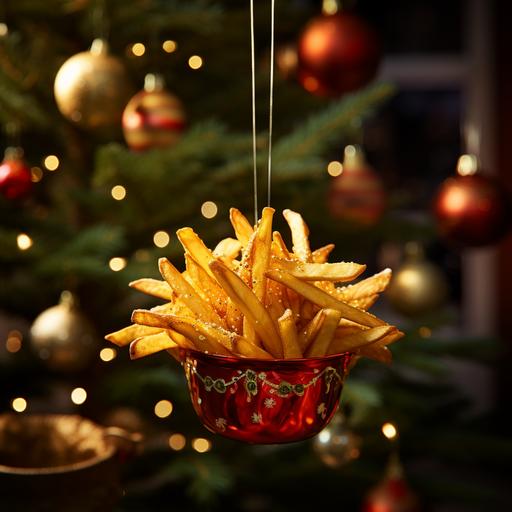 High-resolution photo of a Christmas tree branch with a Christmas ornament hanging from it, shaped like a small bowl for fries with currywurst and french fries with mayonnaise on top.