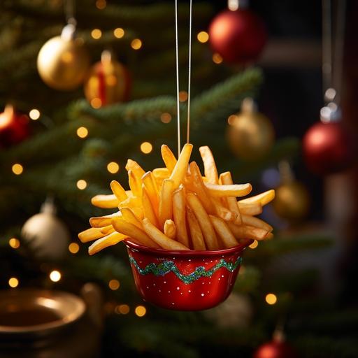 High-resolution photo of a Christmas tree branch with a Christmas ornament hanging from it, shaped like a small bowl for fries with currywurst and french fries with mayonnaise on top. the bowl ist plastic made.