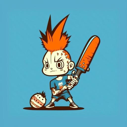 bunny with punk haircut, hitting a carrot with a baseball bat, cartoon style