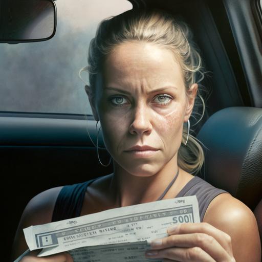 attractive 35 year old mother sitting in a black sedan car on a hot summers day, holding an envelope with money, with a determinded look on her face