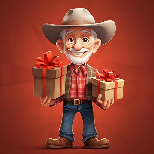 attractive, charismatic, gray-haired middle-aged man, cartoon, with a kind expression on his face, in a brown hat, in a checkered red shirt, in brown pants, with suspenders, in cowboy boots, in the man’s hands a gift box with a red bow, cartoon, their character cartoon