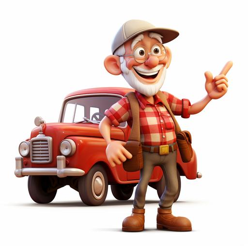 attractive, charismatic, gray-haired middle-aged man, cartoon, with a kind expression on his face, in a brown hat, in a checkered red shirt, in brown pants, with suspenders, in cowboy boots, a cartoon character from their cartoon, standing next to a car, a red truck, the trunk is open in the car, the man takes out a box of red peppers from the car, the trunk in the truck is open, red, cute truck, tourist van