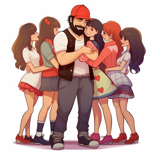 attractive, charismatic, young man, brunette, with a black beard, black mustache, cartoon, in a red cap, in a white shirt with a red check, in brown pants, with sneakers, friendly, cartoon, cartoon, cartoon character, a man is hugged by many girls , man among girls, girls around, dressed in dresses