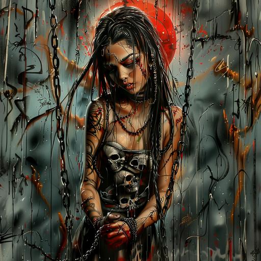attractive female vampire with long hair, skull tattoos on her face and hands holding chains in the style of Skottie Young. Vesalius, with hyperrealistic detail and ultrahigh definition, cinematic lighting and a graffiti background in the art styles of Jean-Baptiste Monge and Klimt, with a red moon in the sky. --c 35 --sref  --s 400 --v 6.0 --ar 1:1