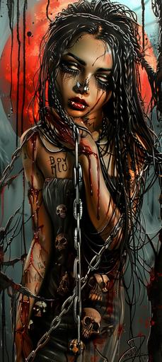 attractive female vampire with long hair, skull tattoos on her face and hands holding chains in the style of Skottie Young. Vesalius, with hyperrealistic detail and ultrahigh definition, cinematic lighting and a graffiti background in the art styles of Jean-Baptiste Monge and Klimt, with a red moon in the sky. --ar 33:74 --c 35 --sref  --s 400 --v 6.0